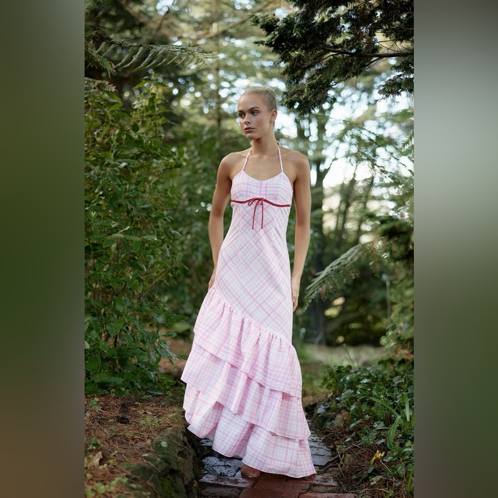 ASTON STUDIO Baby Pink Check Multi-Layered Ruffle Maxi Dress ⭐️Luxury⭐️ NWT 🔖